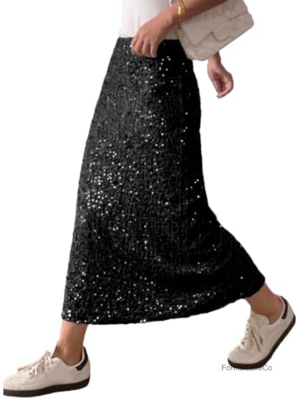 Sequin Maxi Skirt Elastic Waist A-Line Back Slit Night Out